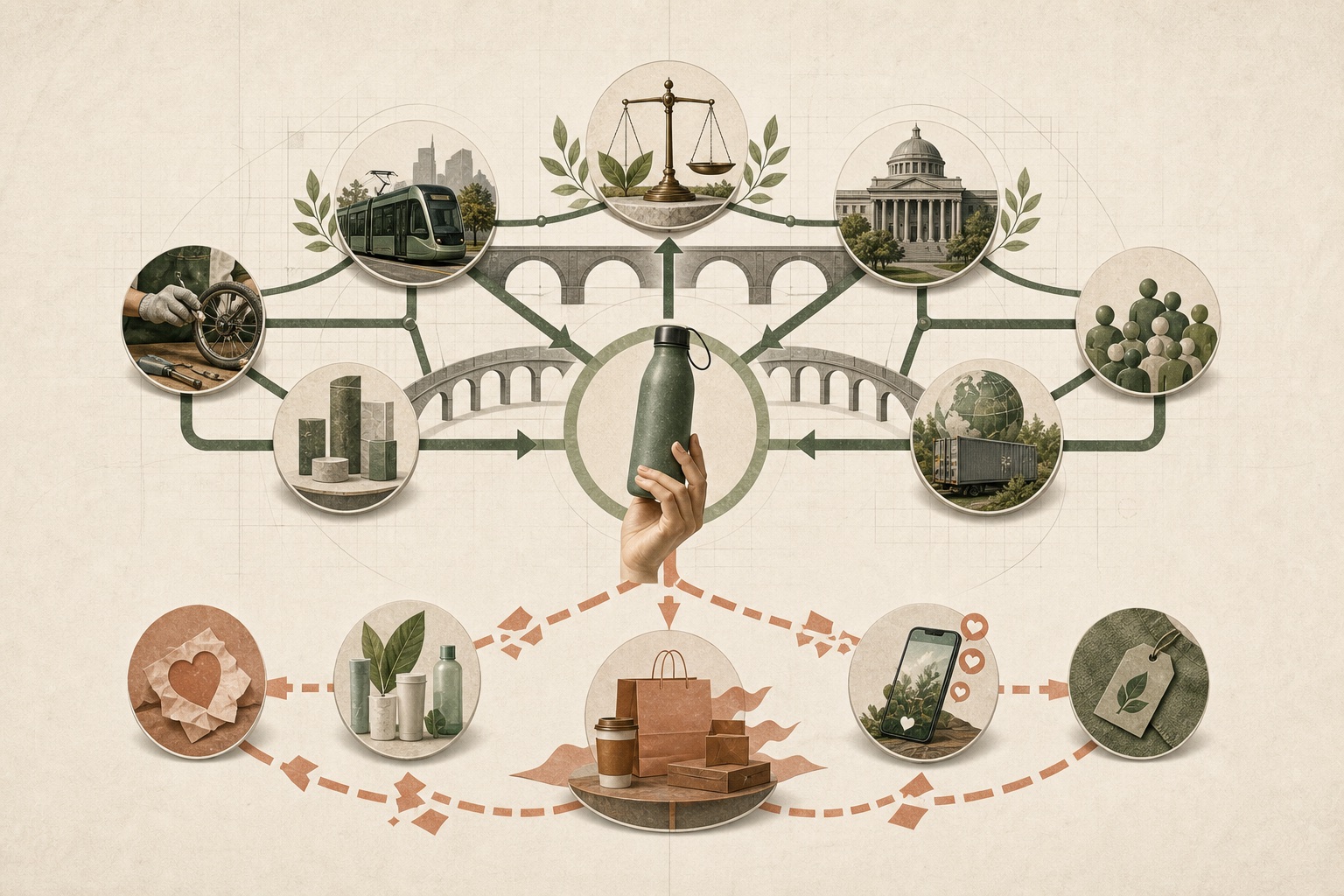 个人环保选择与制度行动关系图：上方绿色网络连接维修、公共交通、标准、政府和社区，下方棕色闭环停留在商品、标签和社交展示